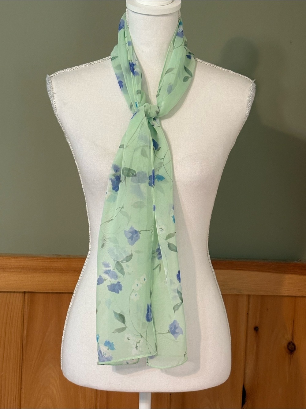 Vintage Mint Green Sheer Floral Oblong Scarf Watercolor Blue Flowers 58x8